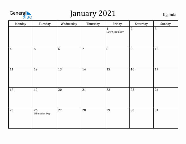 January 2021 Calendar Uganda