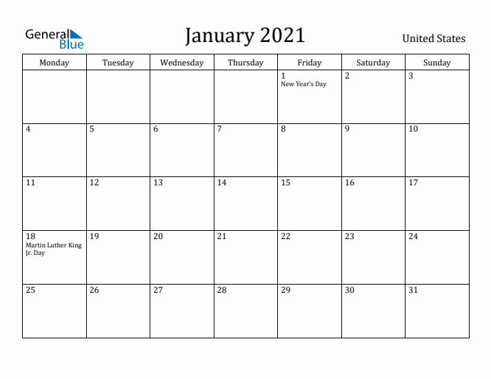 January 2021 Calendar United States