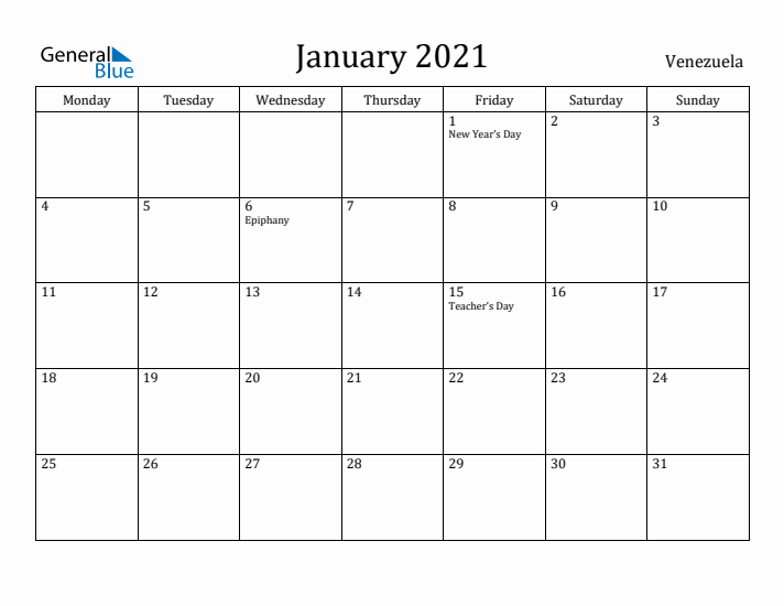 January 2021 Calendar Venezuela
