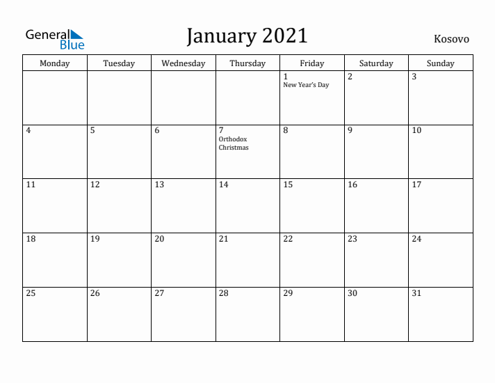 January 2021 Calendar Kosovo