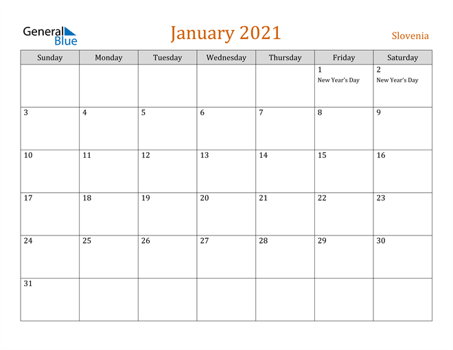 January 2021 Holiday Calendar