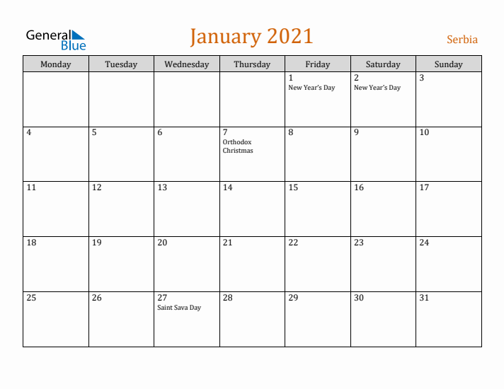 January 2021 Holiday Calendar with Monday Start