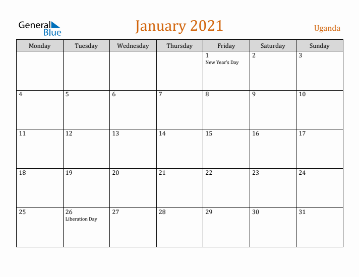 January 2021 Holiday Calendar with Monday Start