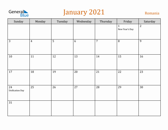 January 2021 Holiday Calendar with Sunday Start