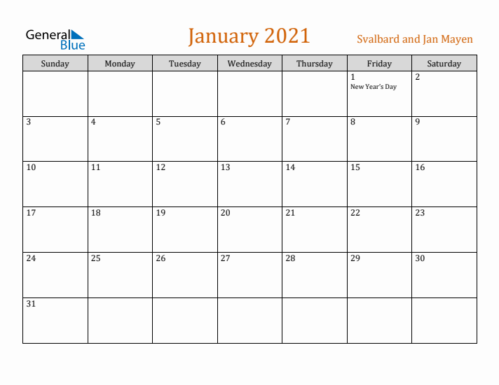 January 2021 Holiday Calendar with Sunday Start