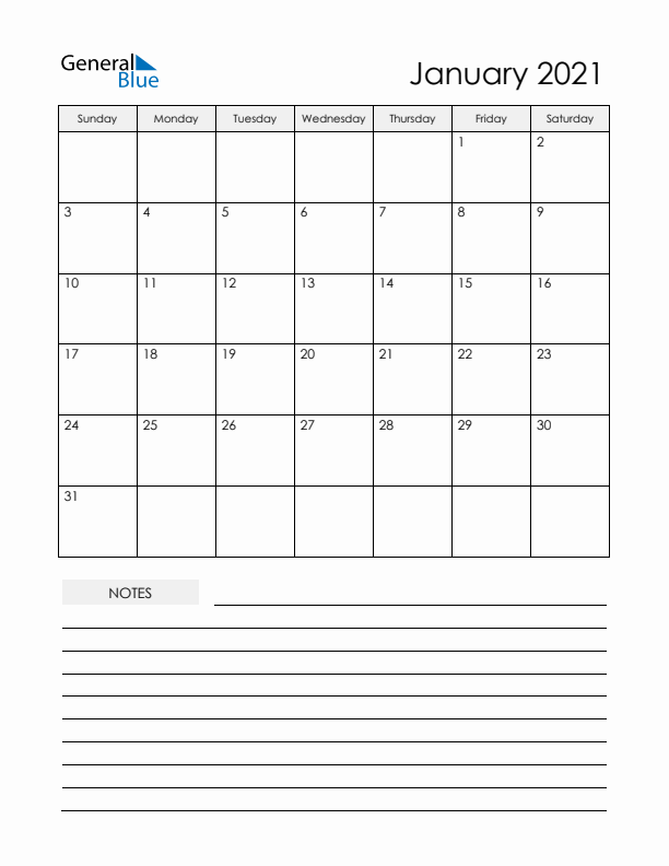 Printable Calendar with Notes - January 2021 