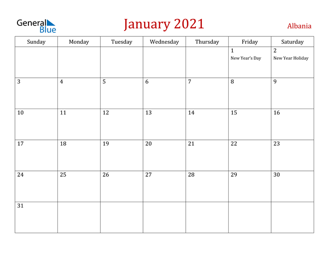 Albania January 2021 Calendar