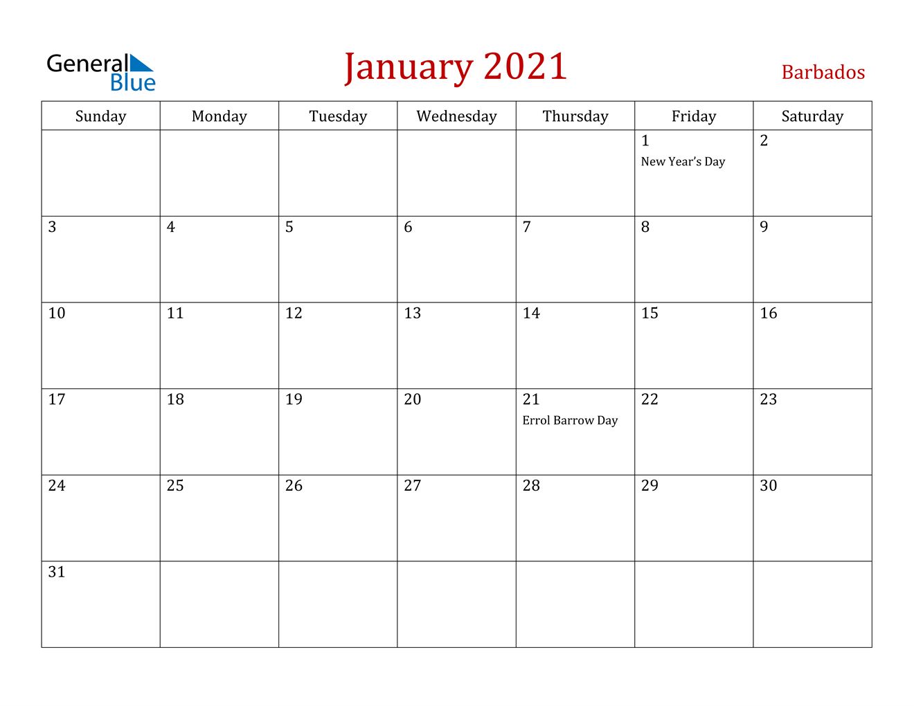 January 2021 Calendar - Barbados