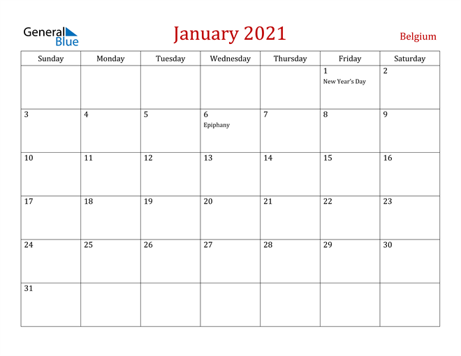 Belgium January 2021 Calendar