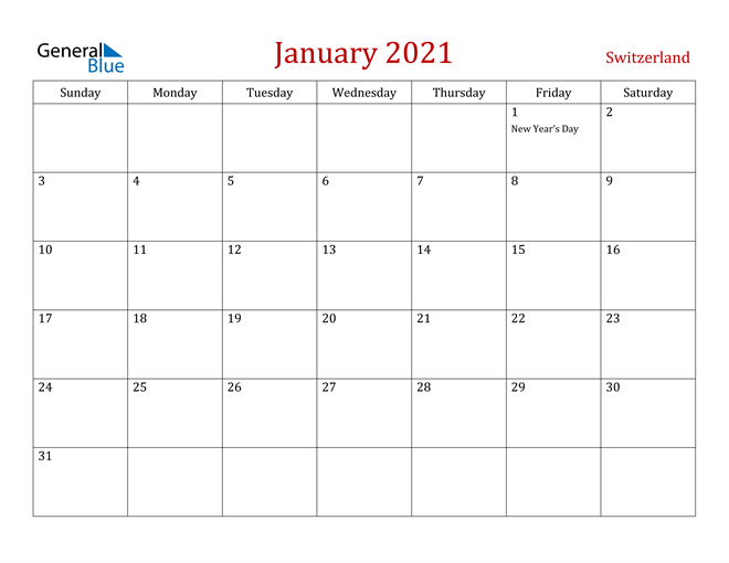 Switzerland January 2021 Calendar
