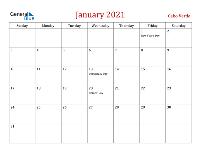 Cabo Verde January 2021 Calendar