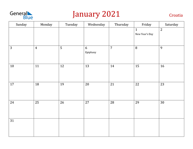 Croatia January 2021 Calendar