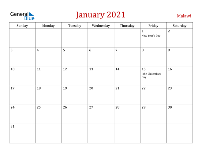 Malawi January 2021 Calendar