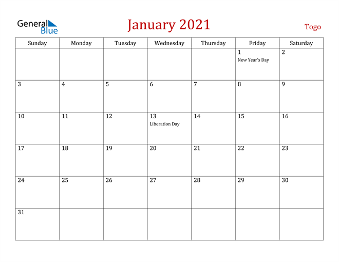 Togo January 2021 Calendar