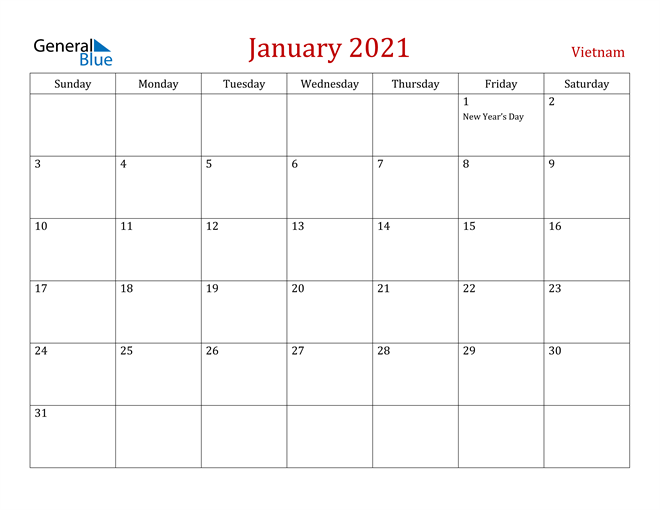 Vietnam January 2021 Calendar