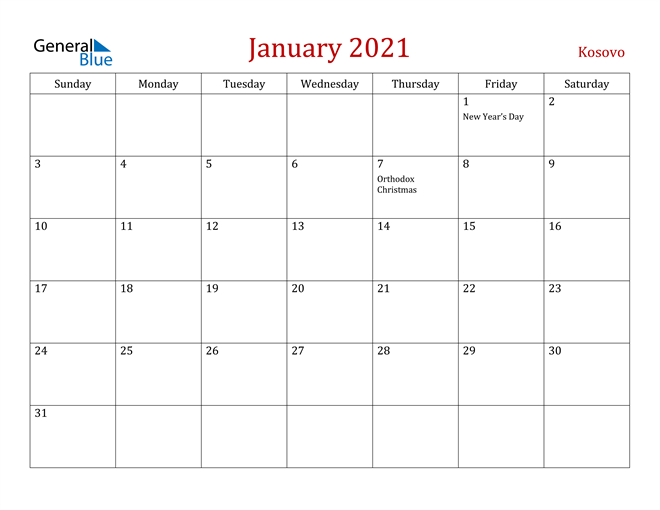 Kosovo January 2021 Calendar