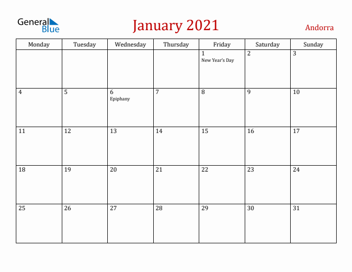 Andorra January 2021 Calendar - Monday Start