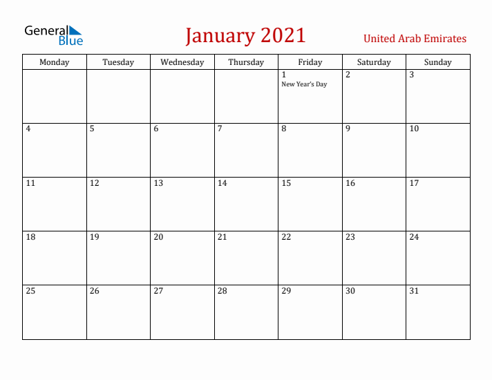 United Arab Emirates January 2021 Calendar - Monday Start