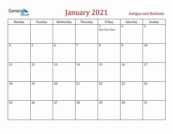 Antigua and Barbuda January 2021 Calendar - Monday Start