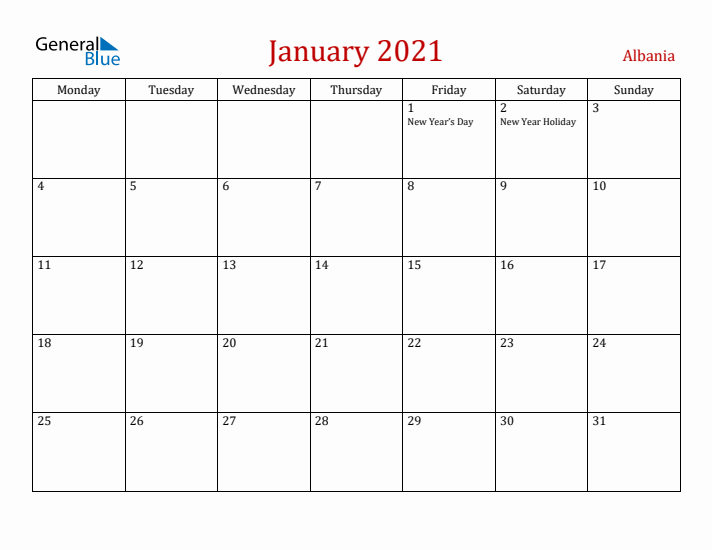 Albania January 2021 Calendar - Monday Start