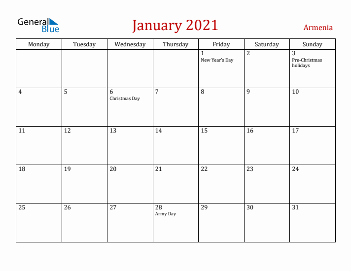 Armenia January 2021 Calendar - Monday Start