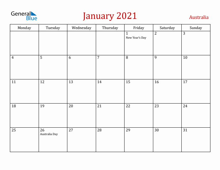 Australia January 2021 Calendar - Monday Start
