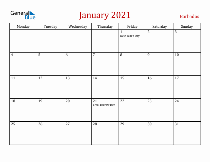 Barbados January 2021 Calendar - Monday Start