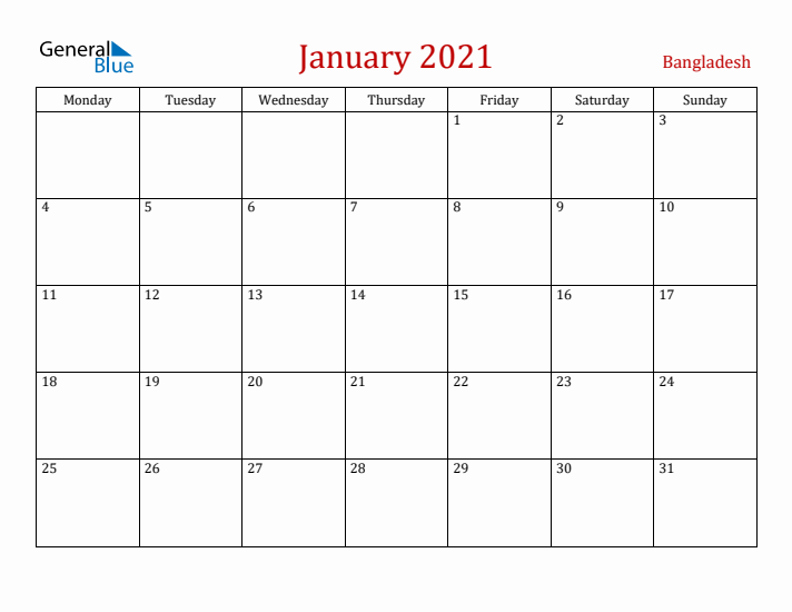 Bangladesh January 2021 Calendar - Monday Start