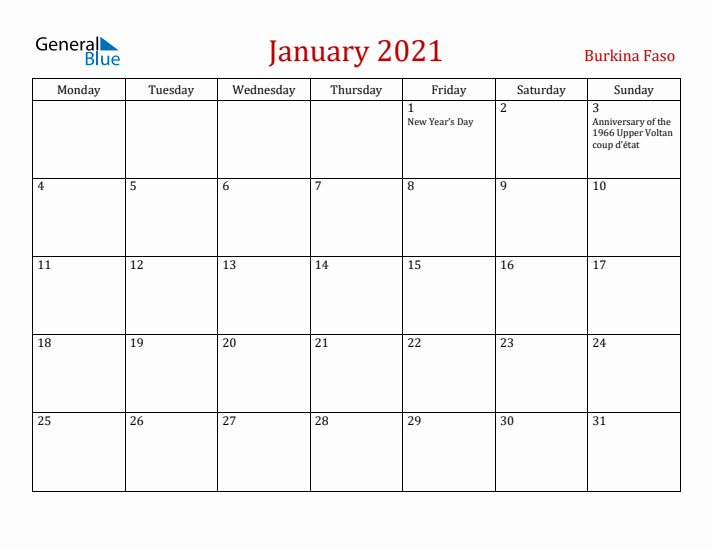 Burkina Faso January 2021 Calendar - Monday Start