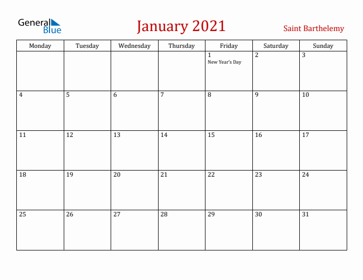 Saint Barthelemy January 2021 Calendar - Monday Start
