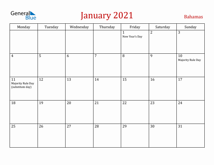 Bahamas January 2021 Calendar - Monday Start