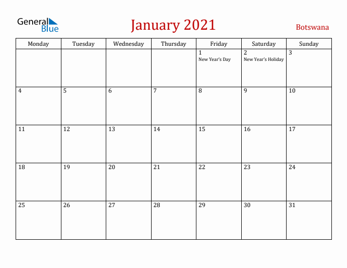 Botswana January 2021 Calendar - Monday Start