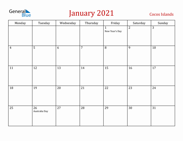 Cocos Islands January 2021 Calendar - Monday Start