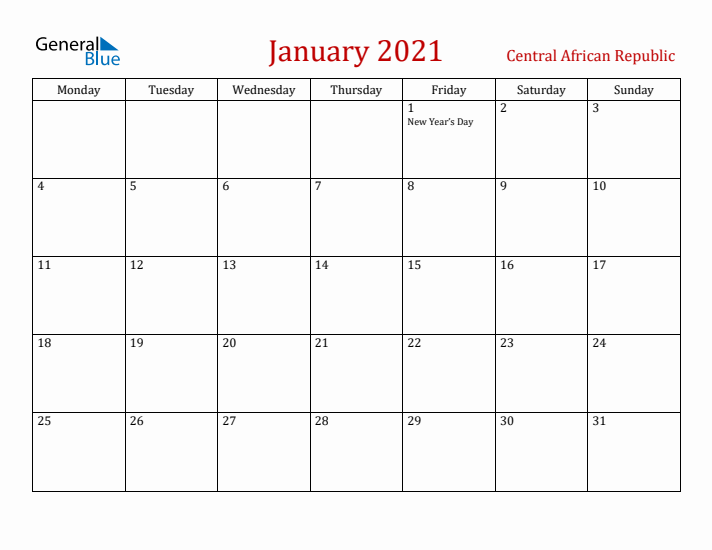 Central African Republic January 2021 Calendar - Monday Start