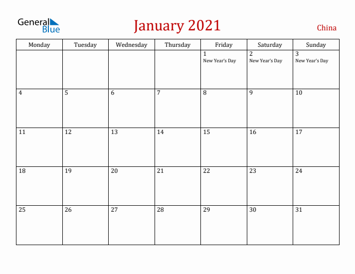 China January 2021 Calendar - Monday Start