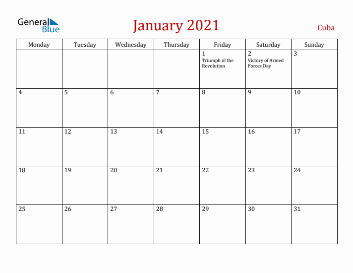 Cuba January 2021 Calendar - Monday Start