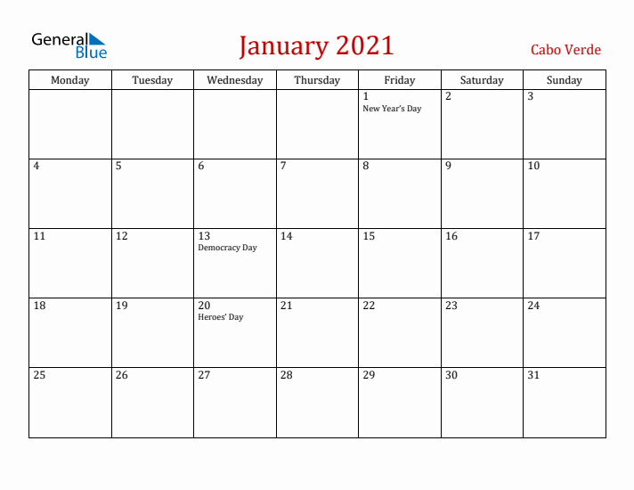 Cabo Verde January 2021 Calendar - Monday Start