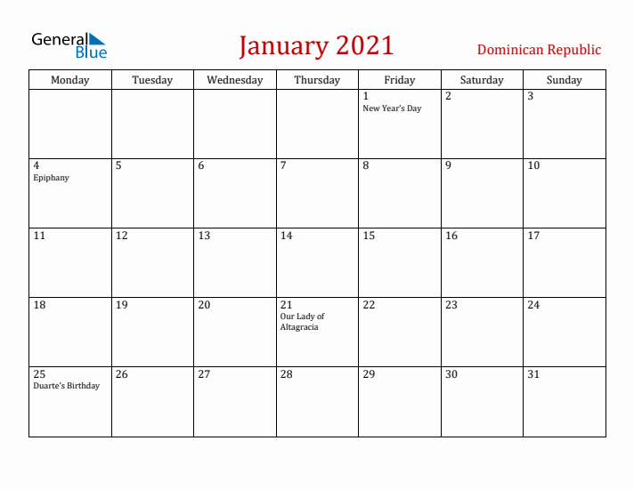 Dominican Republic January 2021 Calendar - Monday Start