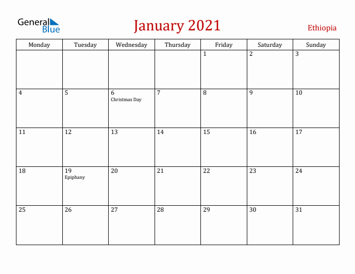 Ethiopia January 2021 Calendar - Monday Start