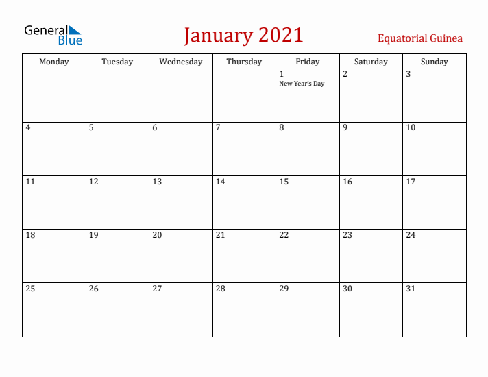 Equatorial Guinea January 2021 Calendar - Monday Start
