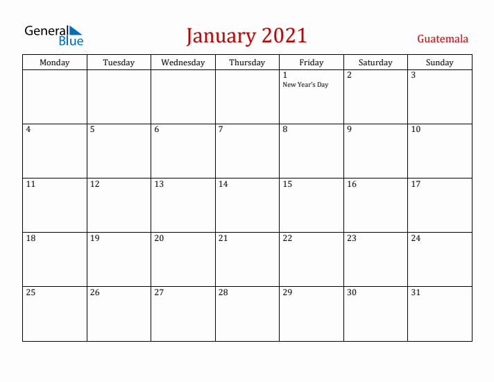 Guatemala January 2021 Calendar - Monday Start