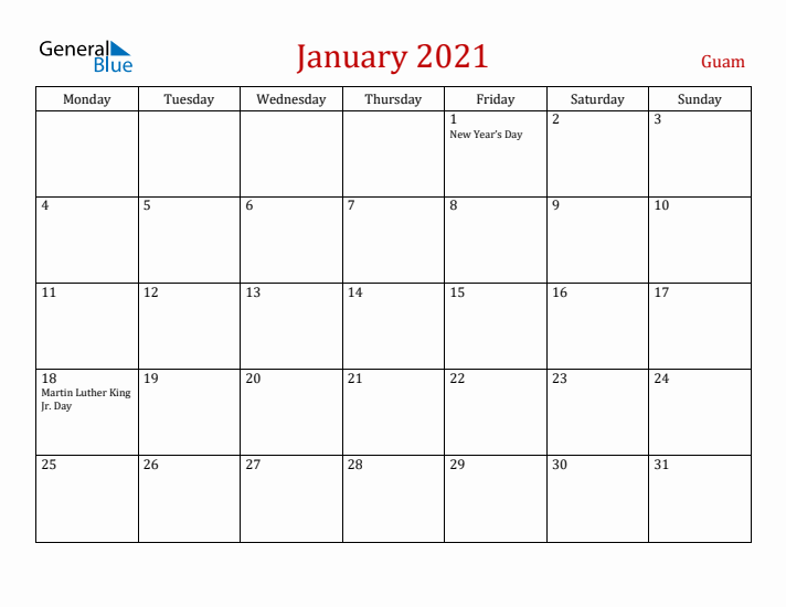 Guam January 2021 Calendar - Monday Start