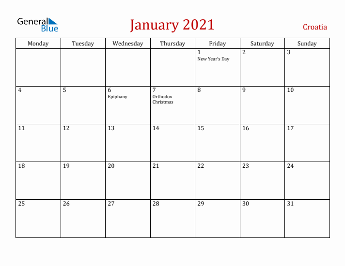 Croatia January 2021 Calendar - Monday Start