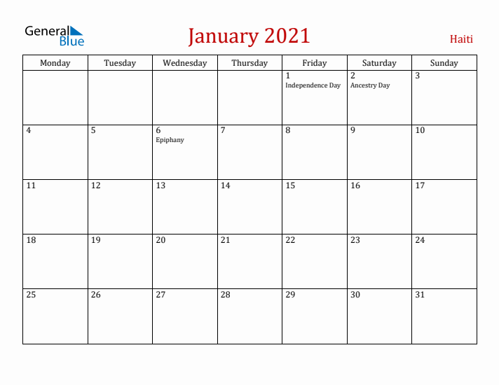 Haiti January 2021 Calendar - Monday Start