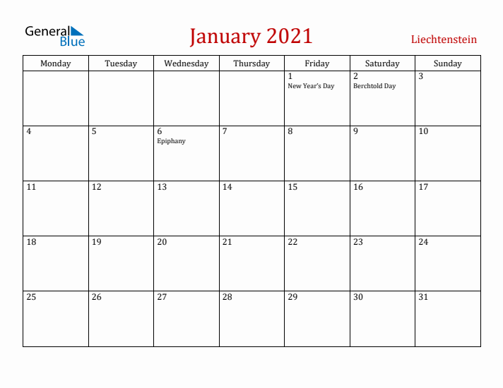 Liechtenstein January 2021 Calendar - Monday Start