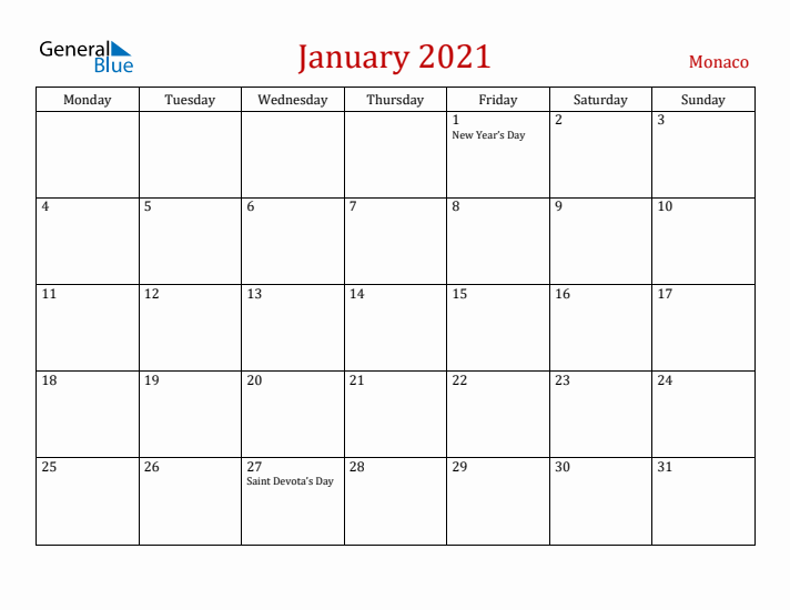 Monaco January 2021 Calendar - Monday Start