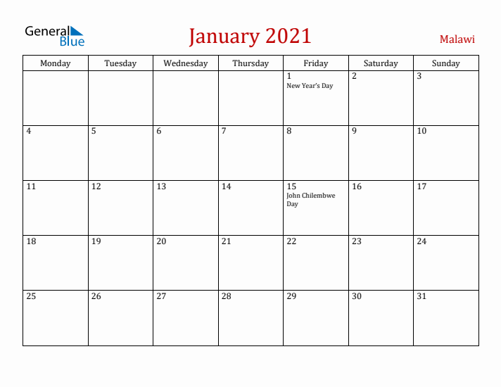 Malawi January 2021 Calendar - Monday Start