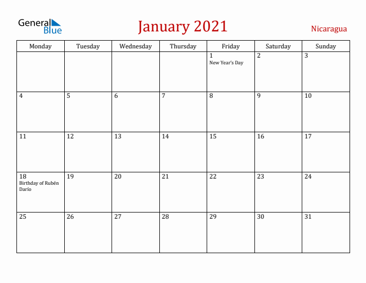 Nicaragua January 2021 Calendar - Monday Start