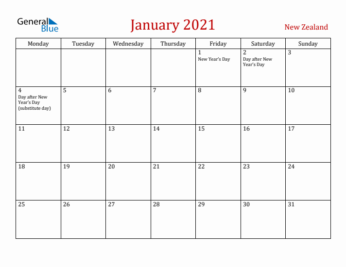 New Zealand January 2021 Calendar - Monday Start