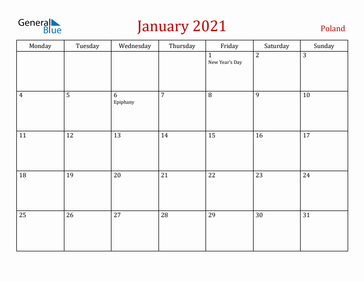 Poland January 2021 Calendar - Monday Start
